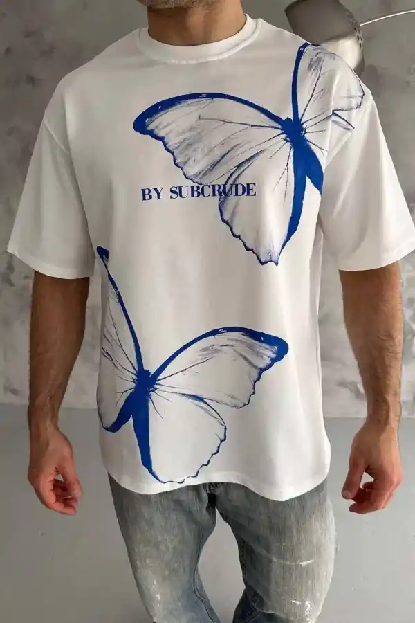 Erkek Kısa Kol Yazlık Tişört Bisiklet Yaka Baskılı Oversize T-Shirt - Beyaz