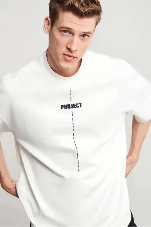 Erkek Kısa Kol Yazlık Tişört Bisiklet Yaka Baskılı Oversize T-Shirt - Beyaz