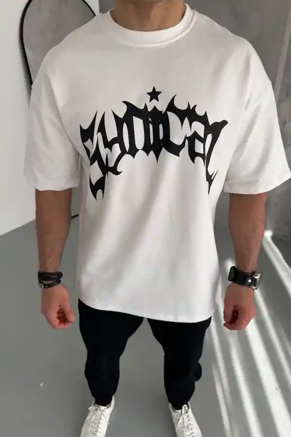 ERKEK Tişört Bisiklet Yaka Baskılı Kısa kol T-Shirt - Beyaz