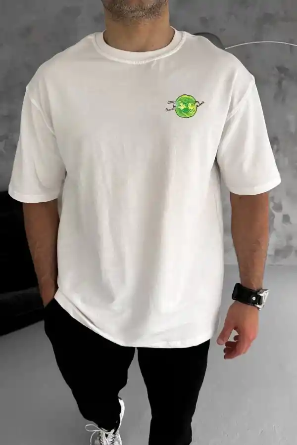 Erkek Kısa Kol Tişört Bisiklet Yaka RİCK AND MORTY Baskılı T-Shirt - Beyaz