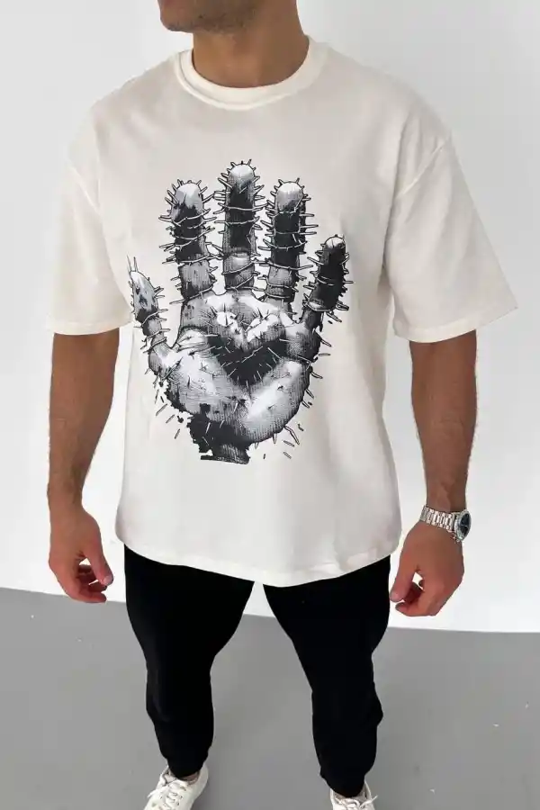 Erkek Baskılı T-Shirt Kısa Kol Bisiklet Yaka Regular Fit Rahat Kalıp Günlük Tişört - Beyaz