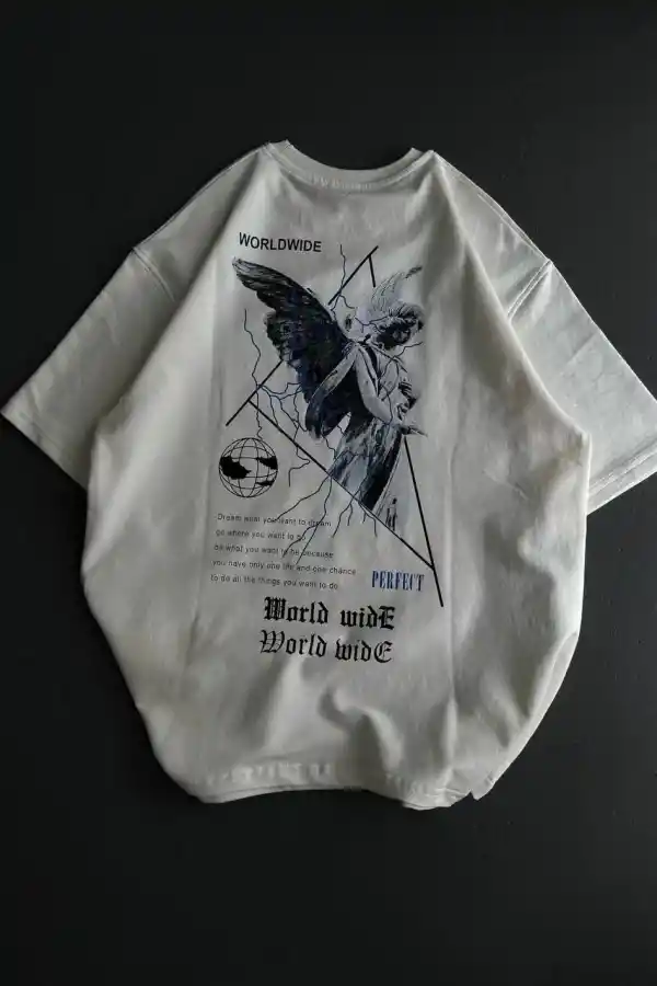 Kadın Baskılı T-Shirt Kısa Kol Bisiklet Yaka Oversize Rahat Kalıp Günlük Tişört   - Beyaz