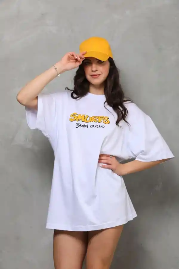 kadın Bisiklet Yaka Baskılı Oversize T-Shirt - Beyaz
