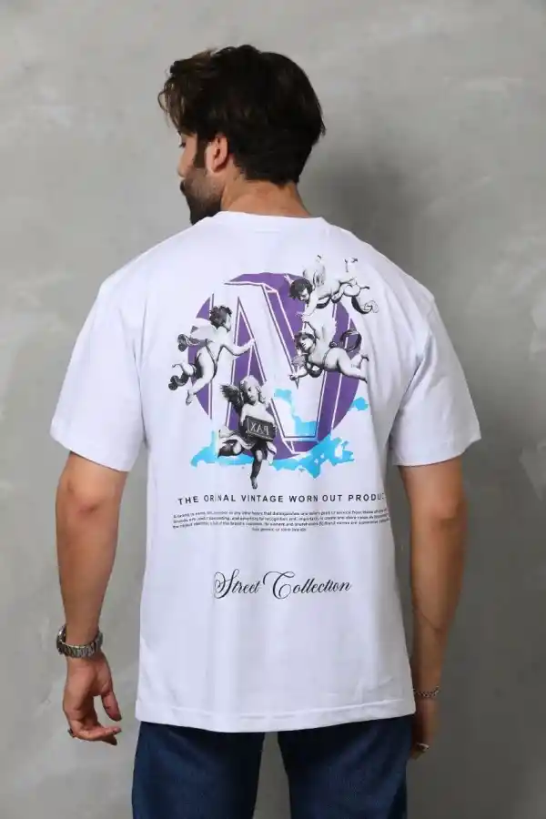 Erkek Bisiklet Yaka Baskılı Kısa Kol  T-Shirt - Beyaz