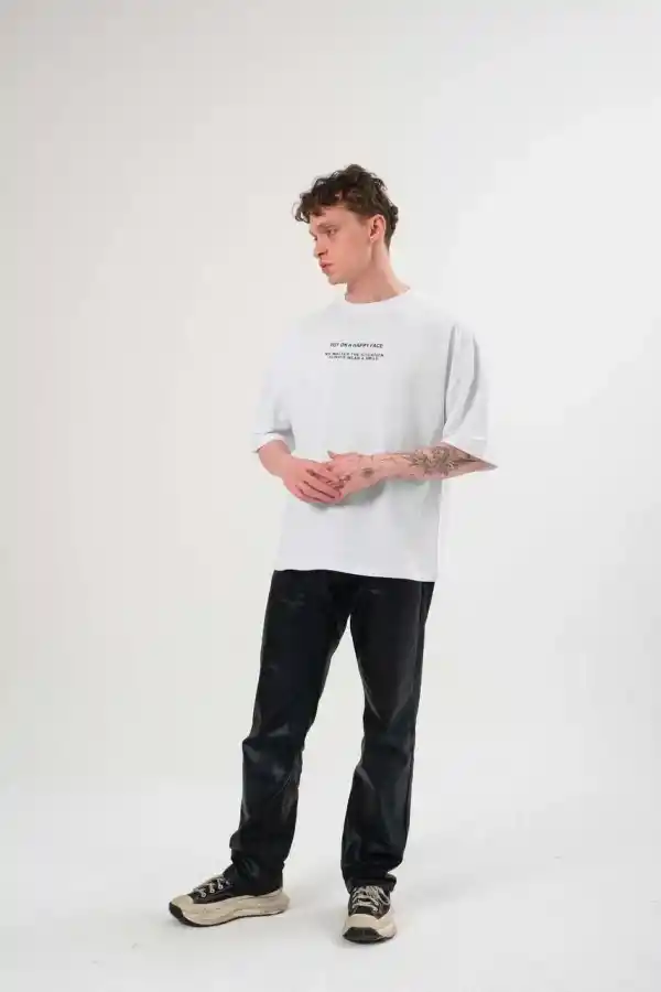 Erkek Kısa Kol Yazlık Tişört Bisiklet Yaka Baskılı Oversize T-Shirt - Beyaz
