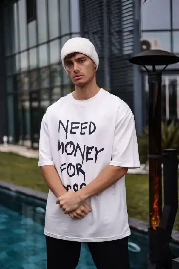 Erkek Kısa Kol Yazlık Tişört Bisiklet Yaka Baskılı Oversize T-Shirt - Beyaz