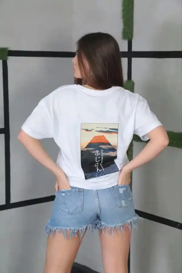 Kadın Bisiklet Yaka Baskılı Kısa kol Oversize T-Shirt- Beyaz