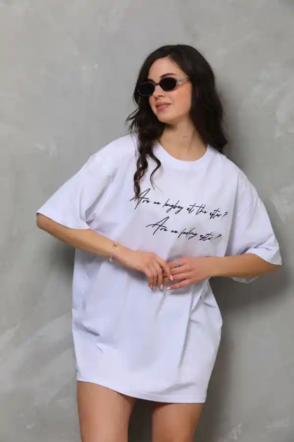 Kadın Kısa Kol Yazlık Tişört Bisiklet Yaka Baskılı Oversize T-Shirt - Beyaz