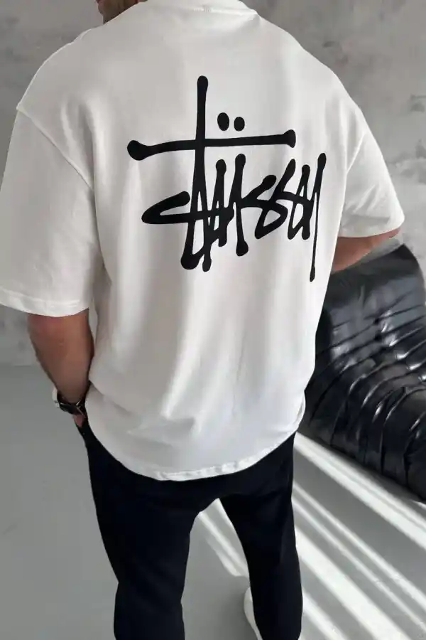 Erkek Tişört Bisiklet Yaka Baskılı Oversize Kısa kol T-Shirt - Beyaz