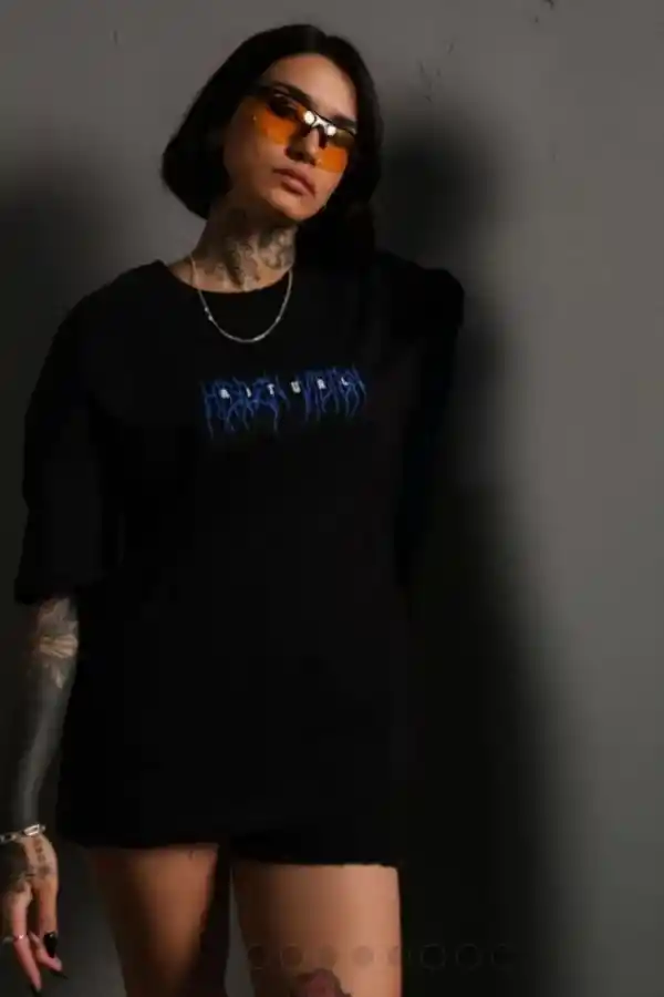 kadın Bisiklet Yaka Baskılı Oversize  Kısa kol T-Shirt - Siyah
