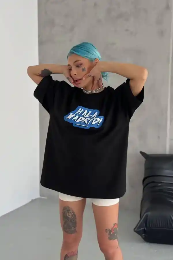 Kadın Kısa Kol Yazlık Tişört Bisiklet Yaka Baskılı Oversize T-Shirt - Siyah