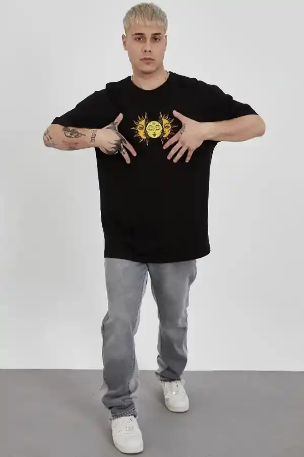 Erkek Kısa Kol Yazlık Tişört Bisiklet Yaka Baskılı Oversize T-Shirt - Siyah