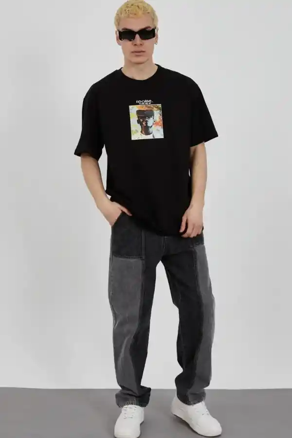Erkek Kısa Kol Yazlık Tişört Bisiklet Yaka Baskılı Oversize T-Shirt - Siyah