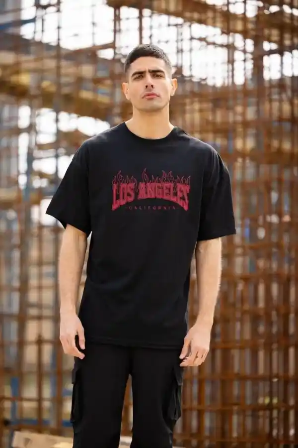 Erkek Kısa Kol Tişört Bisiklet Yaka LOS ANGELES  Baskılı T-Shirt - Siyah