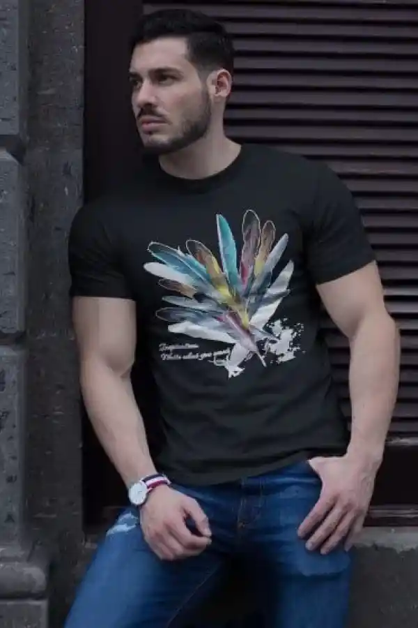 ERKEK Bisiklet Yaka Baskılı Kısa kol T-Shirt - Siyah