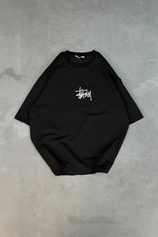 kadın Bisiklet Yaka Baskılı Oversize  Kısa kol T-Shirt - Siyah