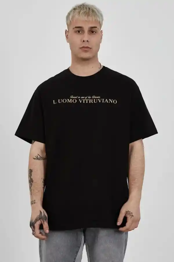 ERKEK Bisiklet Yaka Tişort Baskılı Oversize kısa kol T-Shirt - Siyah