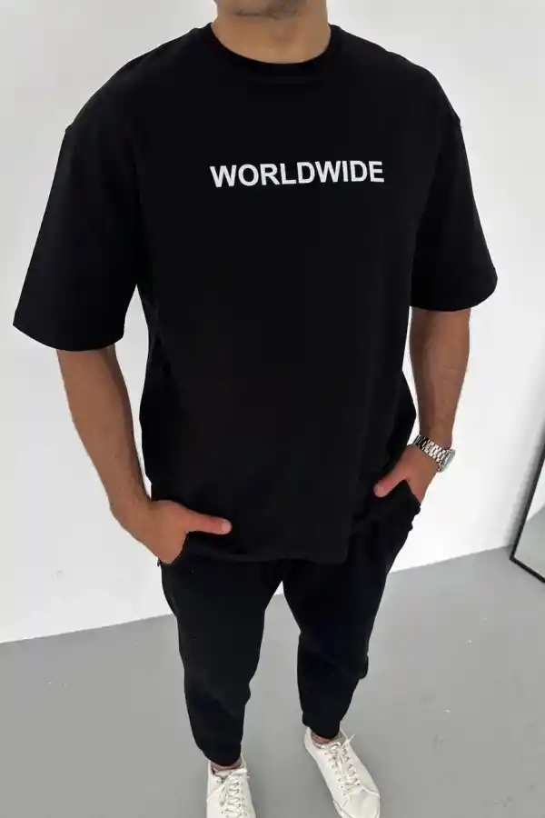 Erkek Baskılı T-Shirt Kısa Kol Bisiklet Yaka Regular Fit Rahat Kalıp Günlük Tişört - Siyah