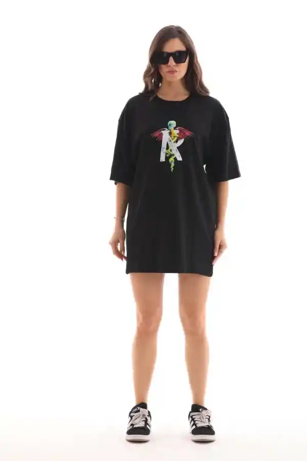 Kadın Baskılı T-Shirt Kısa Kol Bisiklet Yaka Regular Fit Rahat Kalıp Günlük Tişört -Siyah