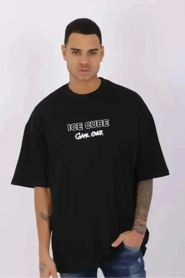 Erkek Kısa Kol Yazlık Tişört Bisiklet Yaka Baskılı Oversize T-Shirt - Siyah