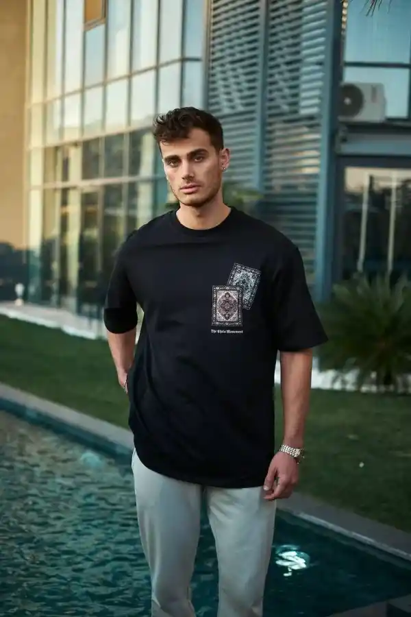 Erkek Kısa Kol Yazlık Tişört Bisiklet Yaka Baskılı Oversize T-Shirt - Siyah