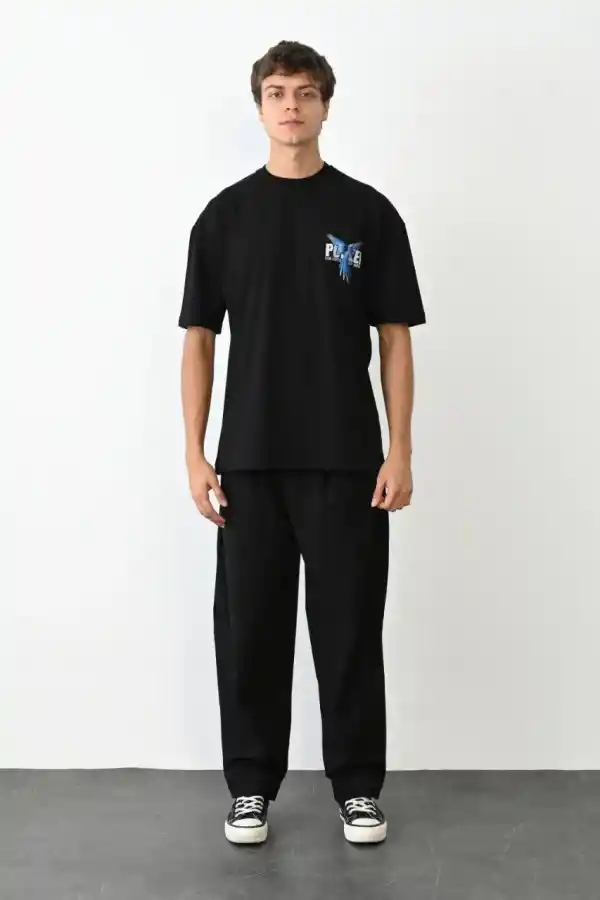 Erkek Baskılı T-Shirt Kısa Kol Bisiklet Yaka Regular Fit Rahat Kalıp Günlük Tişört - Siyah