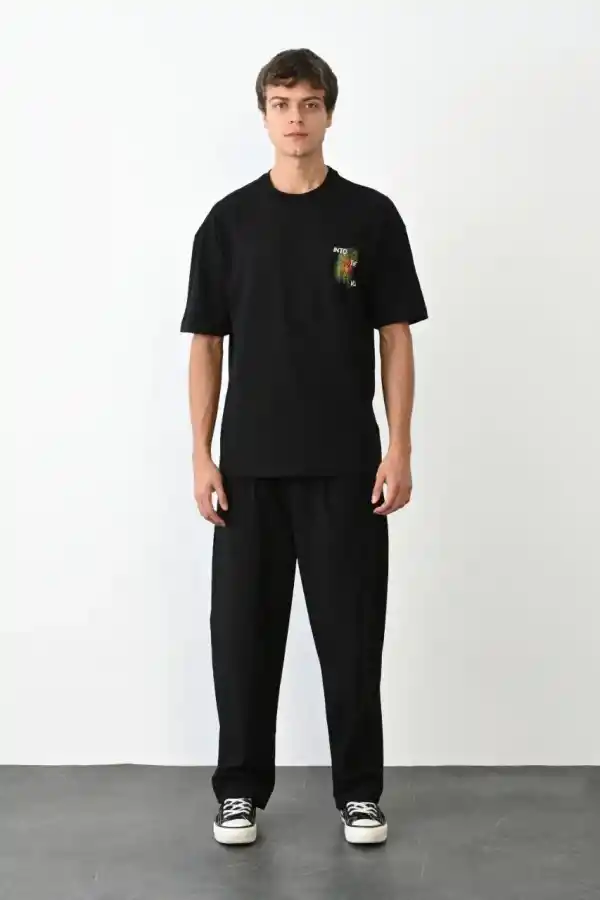 Erkek Kısa Kol Yazlık Tişört Bisiklet Yaka Baskılı Oversize T-Shirt - Siyah