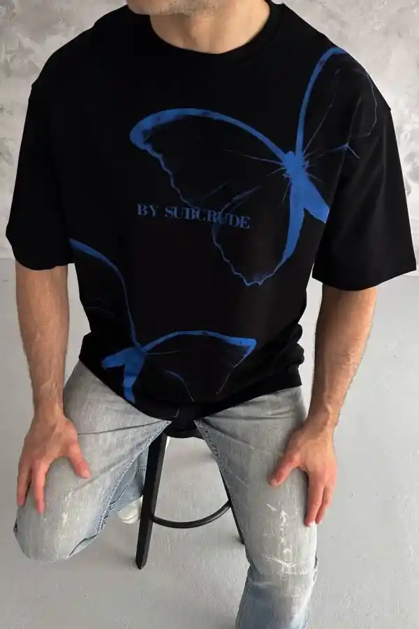 Erkek Kısa Kol Yazlık Tişört Bisiklet Yaka Baskılı Oversize T-Shirt - Siyah