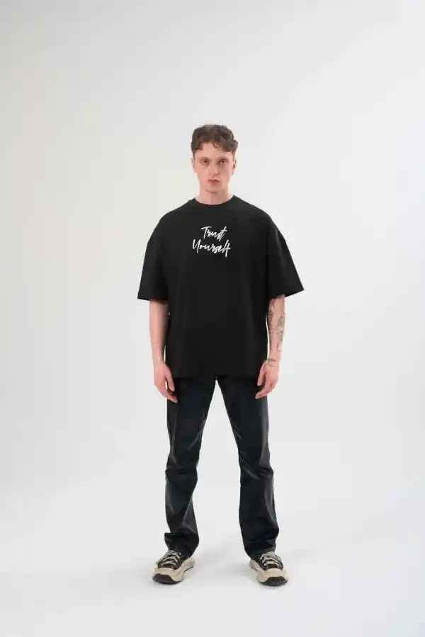 Erkek Kısa Kol Yazlık Tişört Bisiklet Yaka Baskılı Oversize T-Shirt - Siyah