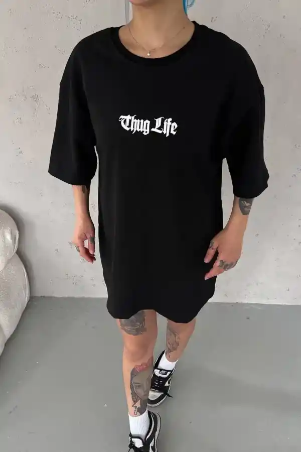 Kadın Kısa Kol Yazlık Tişört Bisiklet Yaka Baskılı Oversize T-Shirt -  Siyah