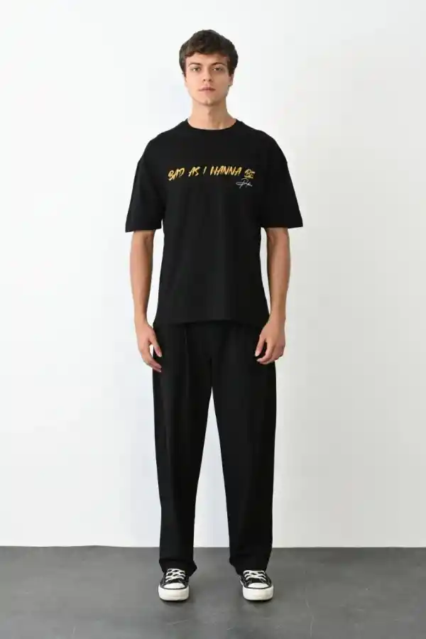 Erkek Baskılı T-Shirt Kısa Kol Bisiklet Yaka Regular Fit Rahat Kalıp Günlük Tişört - Siyah