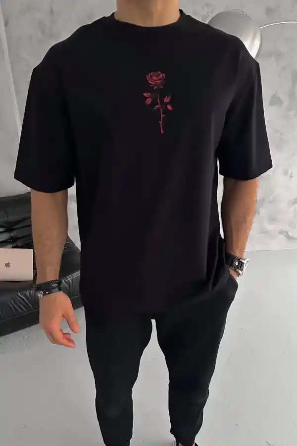 Erkek Bisiklet Yaka Baskılı Oversize  Kısa kol T-Shirt - Siyah