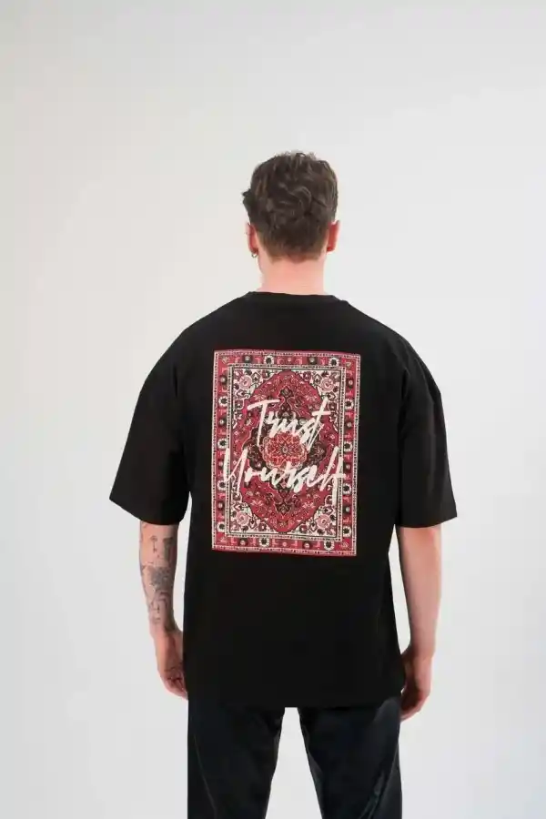 Erkek Kısa Kol Yazlık Tişört Bisiklet Yaka Baskılı Oversize T-Shirt - Siyah