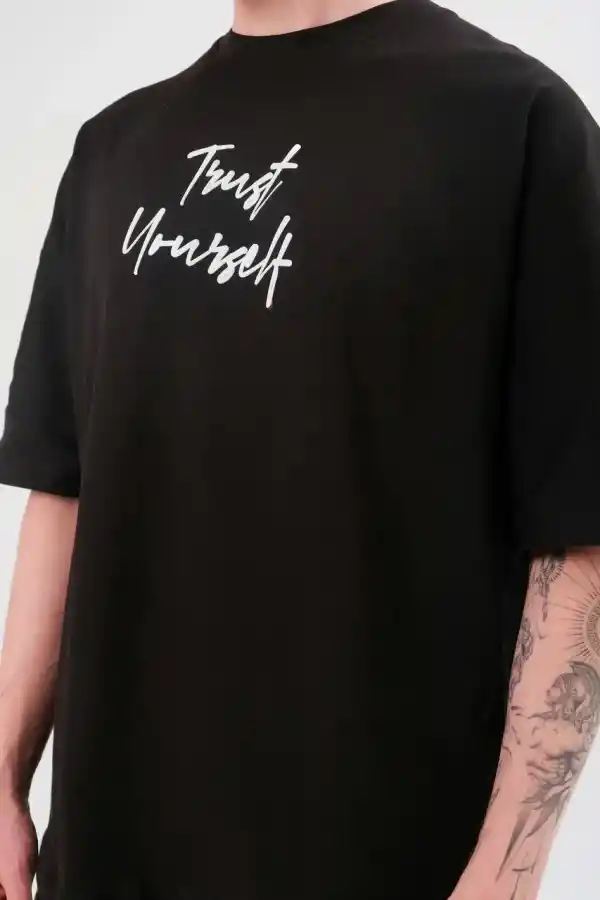Erkek Kısa Kol Yazlık Tişört Bisiklet Yaka Baskılı Oversize T-Shirt -  Siyah