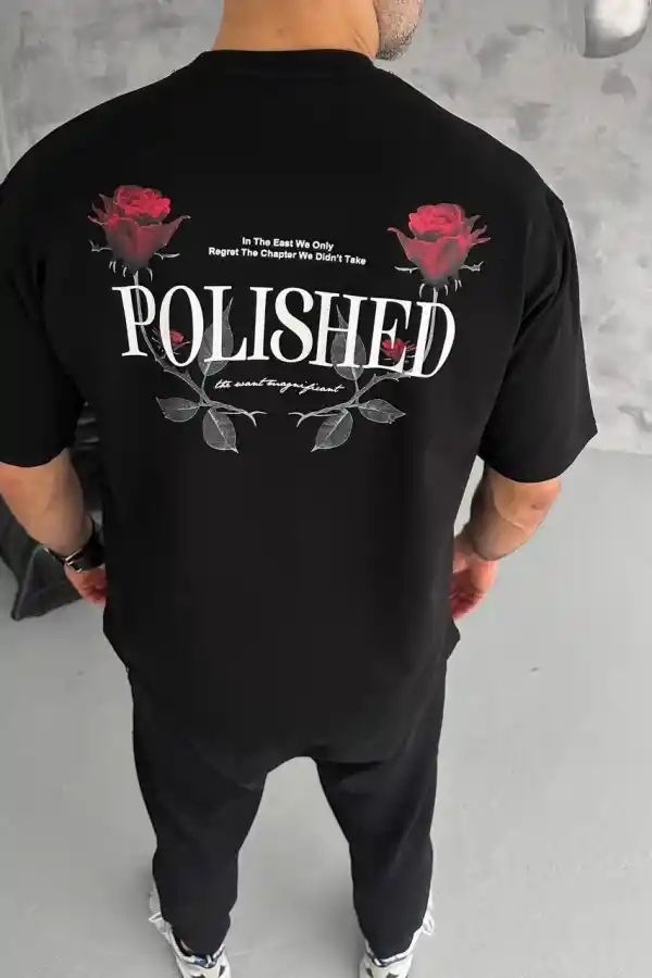 Erkek Kısa Kol Yazlık Tişört Bisiklet Yaka Baskılı Oversize T-Shirt - Siyah