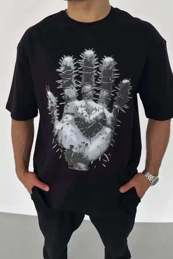 Erkek Baskılı T-Shirt Kısa Kol Bisiklet Yaka Regular Fit Rahat Kalıp Günlük Tişört - Siyah