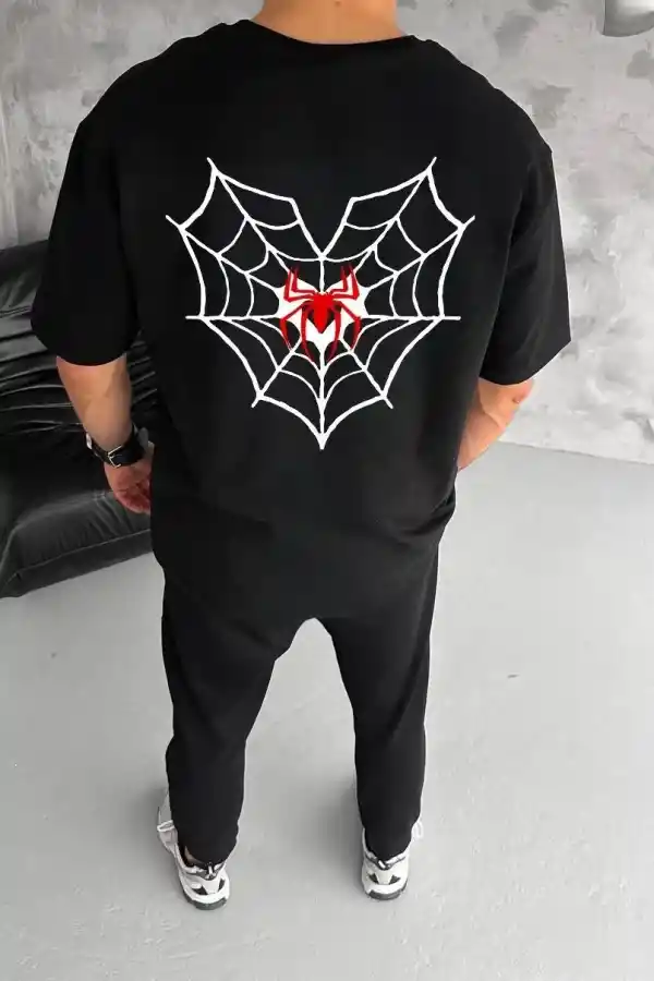 Erkek Kısa Kol Tişört Bisiklet Yaka ÖRÜMCEK Baskılı Oversize T-Shirt - Siyah