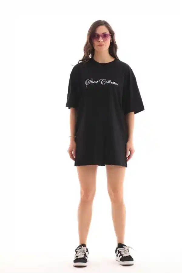 Kadın Baskılı T-Shirt Kısa Kol Bisiklet Yaka Oversize Rahat Kalıp Günlük Tişört - Siyah