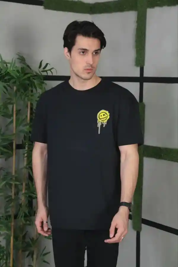 Erkek Kısa Kol Yazlık Tişört Bisiklet Yaka Baskılı Oversize T-Shirt - Siyah