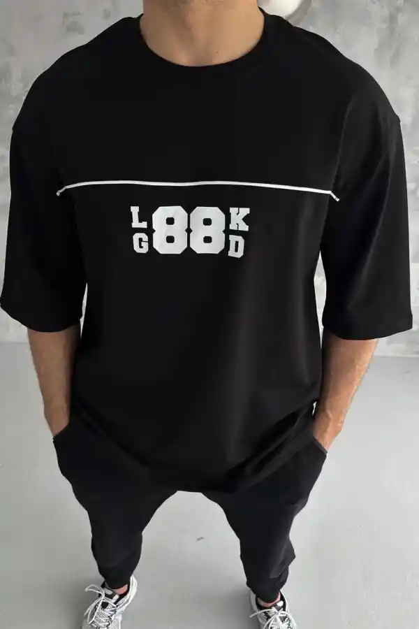 Erkek Kısa Kol Yazlık Tişört Bisiklet Yaka Baskılı Oversize T-Shirt - Siyah