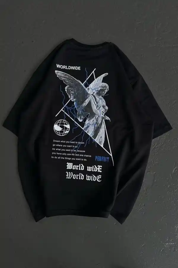 Kadın Baskılı T-Shirt Kısa Kol Bisiklet Yaka Oversize Rahat Kalıp Günlük Tişört   - Siyah