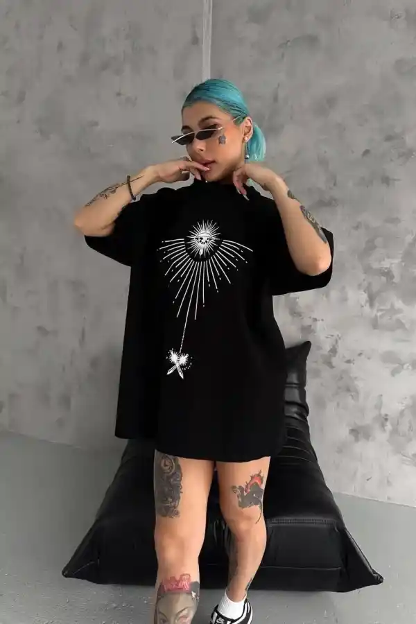 kadın Bisiklet Yaka Baskılı Oversize  Kısa kol T-Shirt - Siyah