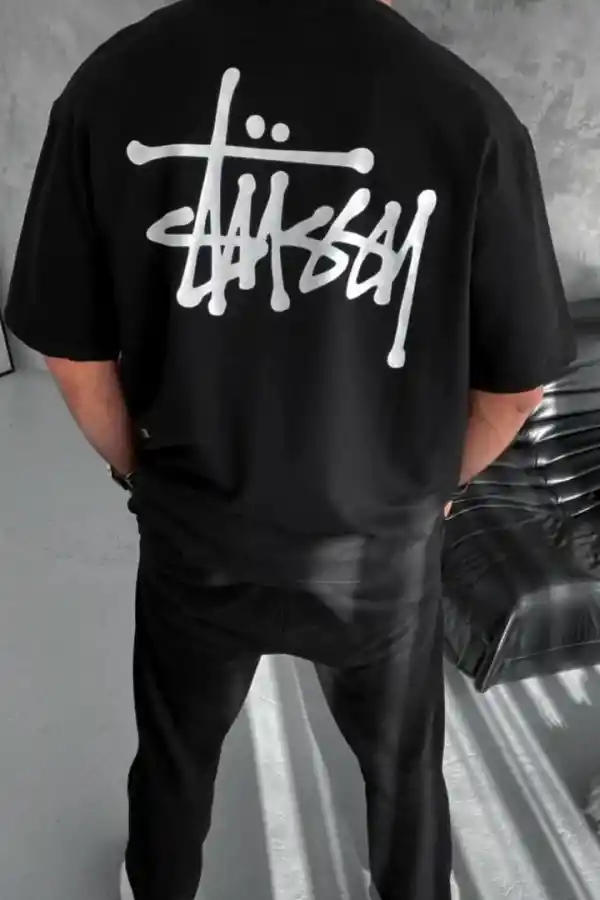 Erkek Kısa Kol Yazlık Tişört Bisiklet Yaka Baskılı Oversize T-Shirt - Siyah
