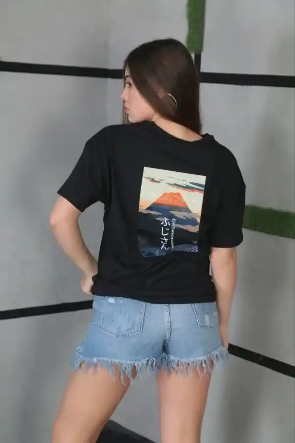 Kadın Bisiklet Yaka Baskılı Kısa kol Oversize T-Shirt - Siyah