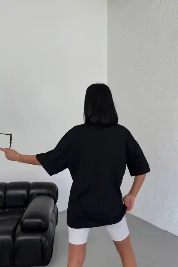 Kadın Kısa Kol Yazlık Tişört Bisiklet Yaka Los Angeles Baskılı T-Shirt - Siyah