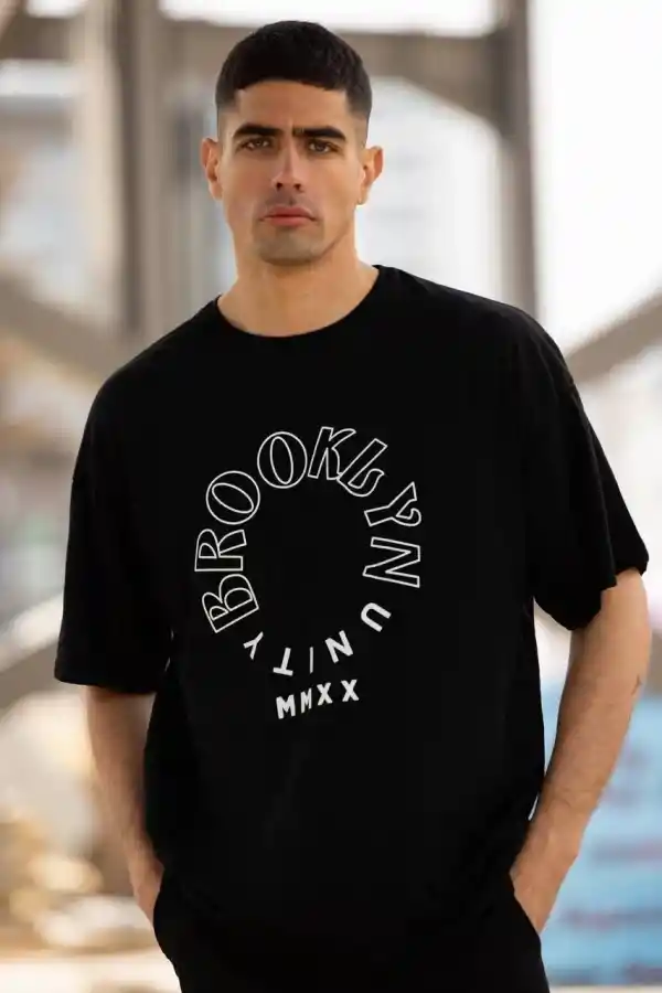 Erkek Baskılı T-Shirt Kısa Kol Bisiklet Yaka Regular Fit Rahat Kalıp Günlük Tişört - Siyah