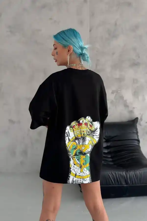 Kadın Kısa Kol Yazlık Tişört Bisiklet Yaka Baskılı Oversize T-Shirt - Siyah
