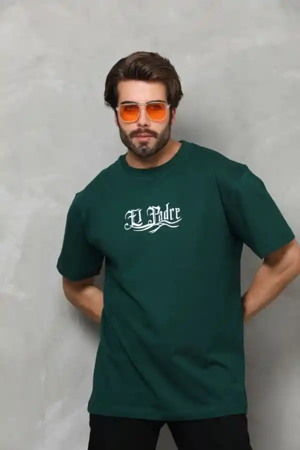 Erkek Kısa Kol Yazlık Tişört Bisiklet Yaka Baskılı Oversize T-Shirt - Yeşil