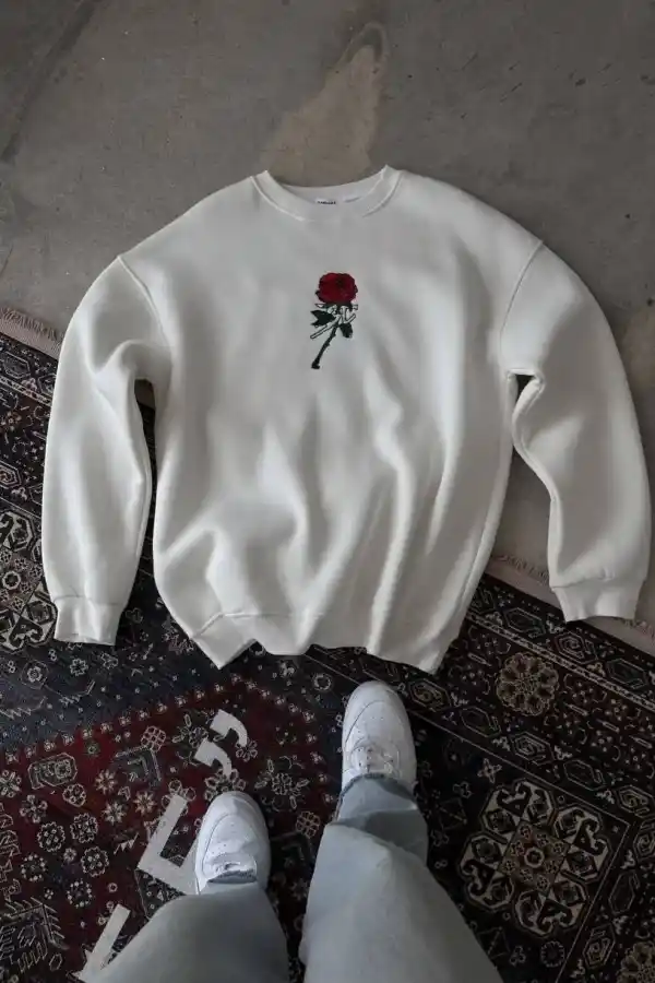 ERKEK 3 iplik Pamuklu Bisiklet Yaka Ön Ve Arka Baskılı SweatShirt -  Beyaz