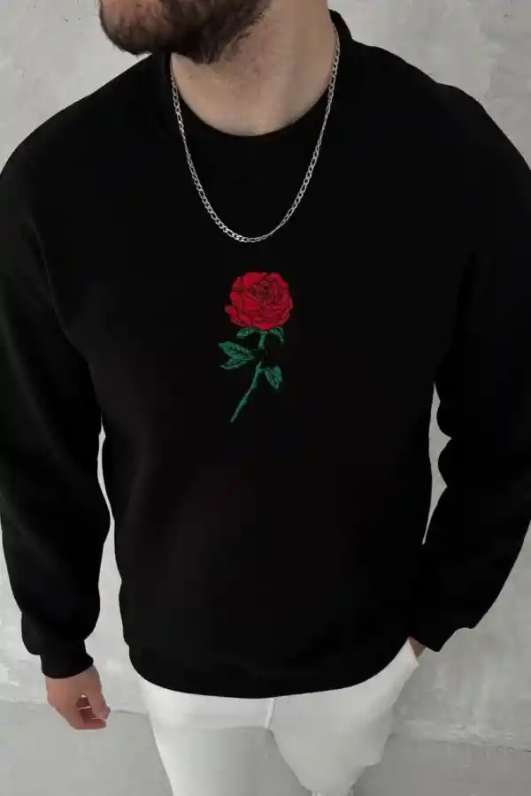 ERKEK 3 iplik Pamuklu Bisiklet Yaka Ön Ve Arka Baskılı SweatShirt - Siyah